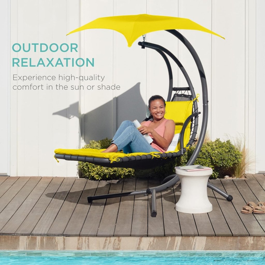 Best Choice Products Outdoor Hanging Curved Steel Chaise Lounge Chair Swing w/Built - in Pillow and Removable Canopy - Charcoal Gray - Wigtrends