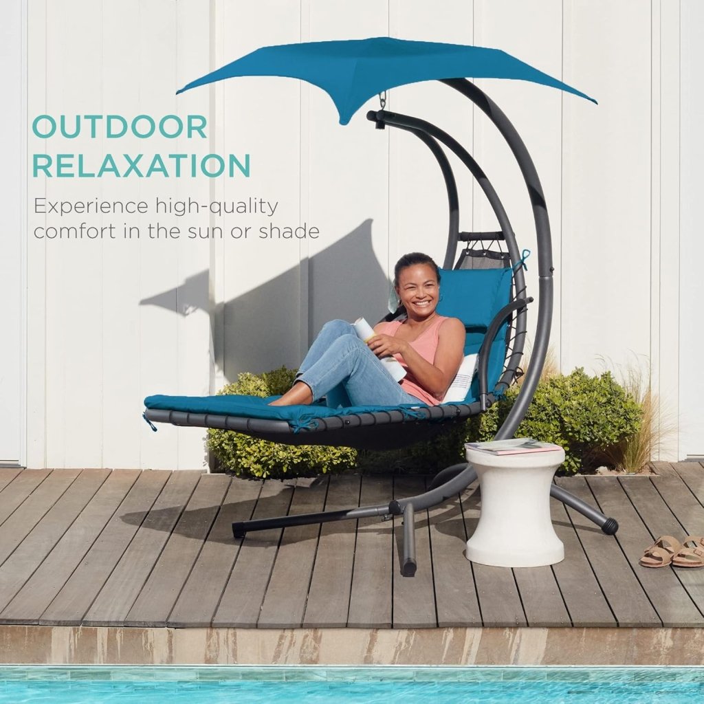 Best Choice Products Outdoor Hanging Curved Steel Chaise Lounge Chair Swing w/Built - in Pillow and Removable Canopy - Charcoal Gray - Wigtrends