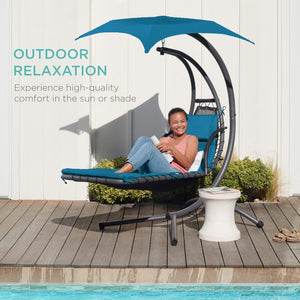 Best Choice Products Outdoor Hanging Curved Steel Chaise Lounge Chair Swing w/Built - in Pillow and Removable Canopy - Charcoal Gray - Wigtrends