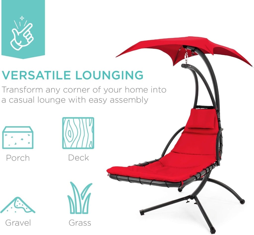 Best Choice Products Outdoor Hanging Curved Steel Chaise Lounge Chair Swing w/Built - in Pillow and Removable Canopy - Charcoal Gray - Wigtrends