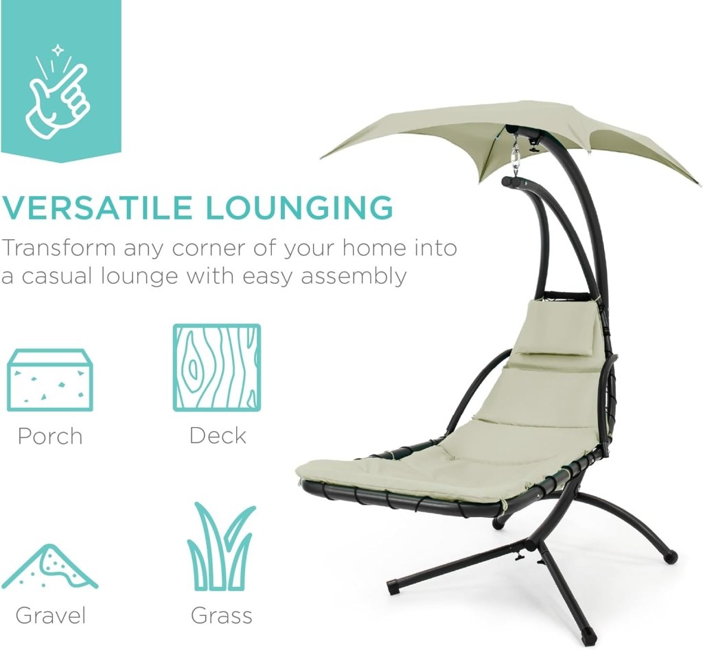 Best Choice Products Outdoor Hanging Curved Steel Chaise Lounge Chair Swing w/Built - in Pillow and Removable Canopy - Charcoal Gray - Wigtrends