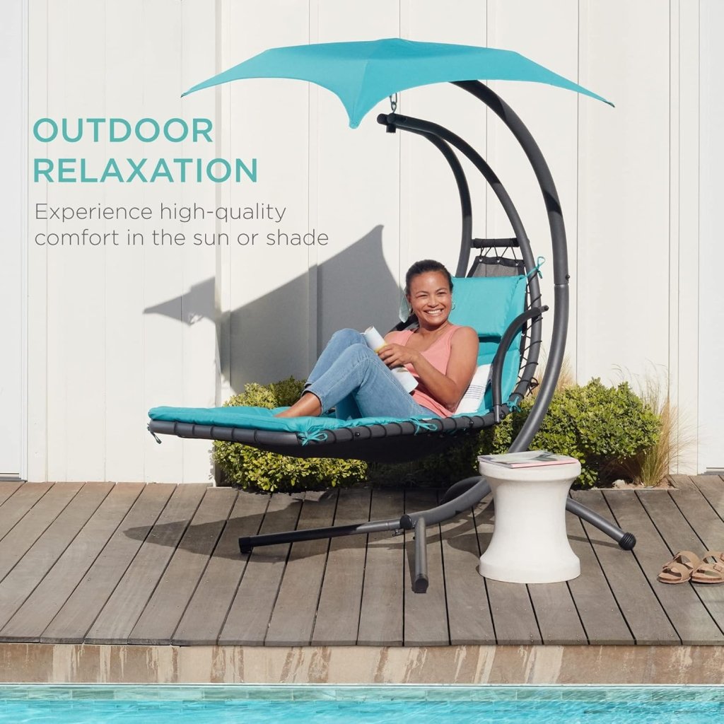 Best Choice Products Outdoor Hanging Curved Steel Chaise Lounge Chair Swing w/Built - in Pillow and Removable Canopy - Charcoal Gray - Wigtrends