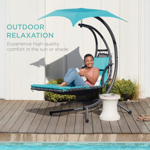 Best Choice Products Outdoor Hanging Curved Steel Chaise Lounge Chair Swing w/Built - in Pillow and Removable Canopy - Charcoal Gray - Wigtrends