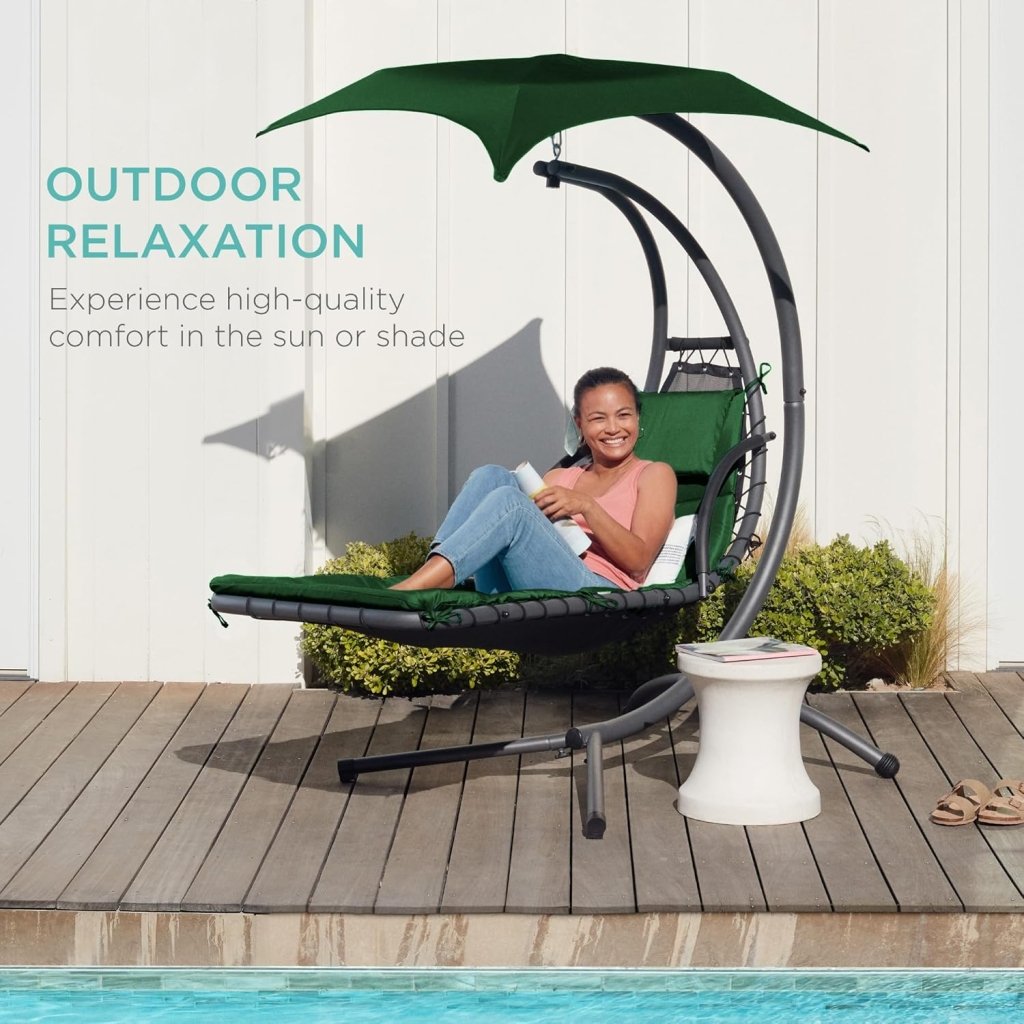 Best Choice Products Outdoor Hanging Curved Steel Chaise Lounge Chair Swing w/Built - in Pillow and Removable Canopy - Charcoal Gray - Wigtrends
