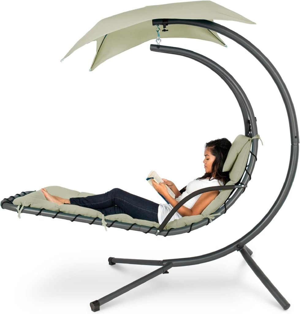 Best Choice Products Outdoor Hanging Curved Steel Chaise Lounge Chair Swing w/Built - in Pillow and Removable Canopy - Charcoal Gray - Wigtrends