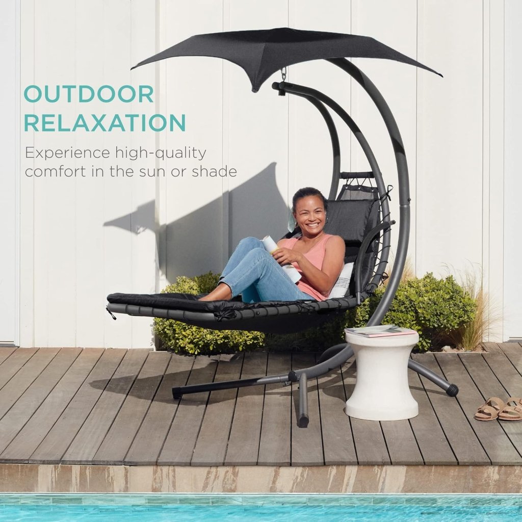 Best Choice Products Outdoor Hanging Curved Steel Chaise Lounge Chair Swing w/Built - in Pillow and Removable Canopy - Charcoal Gray - Wigtrends