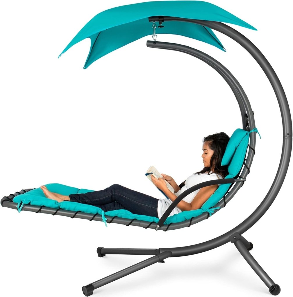 Best Choice Products Outdoor Hanging Curved Steel Chaise Lounge Chair Swing w/Built - in Pillow and Removable Canopy - Charcoal Gray - Wigtrends