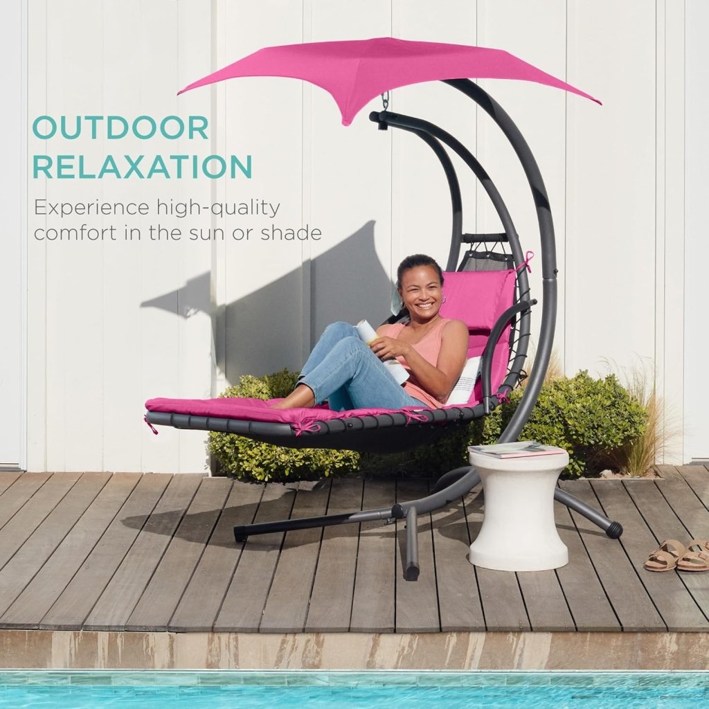 Best Choice Products Outdoor Hanging Curved Steel Chaise Lounge Chair Swing w/Built - in Pillow and Removable Canopy - Charcoal Gray - Wigtrends