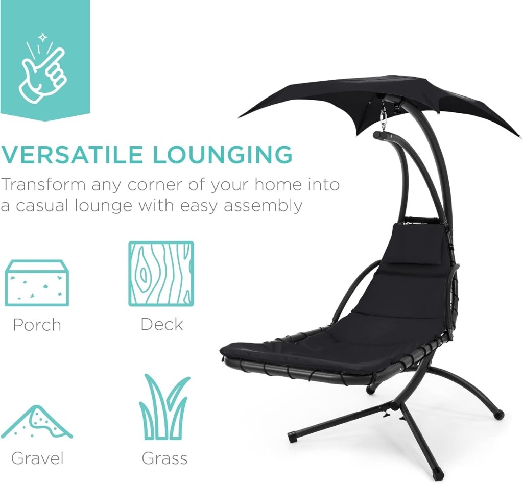 Best Choice Products Outdoor Hanging Curved Steel Chaise Lounge Chair Swing w/Built - in Pillow and Removable Canopy - Charcoal Gray - Wigtrends