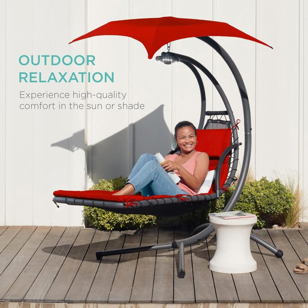 Best Choice Products Outdoor Hanging Curved Steel Chaise Lounge Chair Swing w/Built - in Pillow and Removable Canopy - Charcoal Gray - Wigtrends