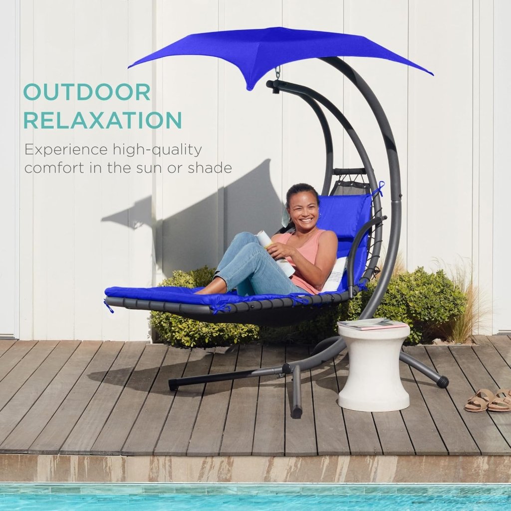 Best Choice Products Outdoor Hanging Curved Steel Chaise Lounge Chair Swing w/Built - in Pillow and Removable Canopy - Charcoal Gray - Wigtrends