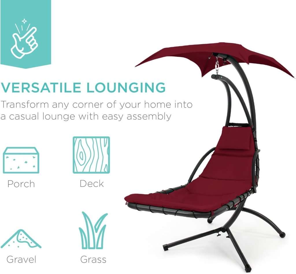 Best Choice Products Outdoor Hanging Curved Steel Chaise Lounge Chair Swing w/Built - in Pillow and Removable Canopy - Charcoal Gray - Wigtrends