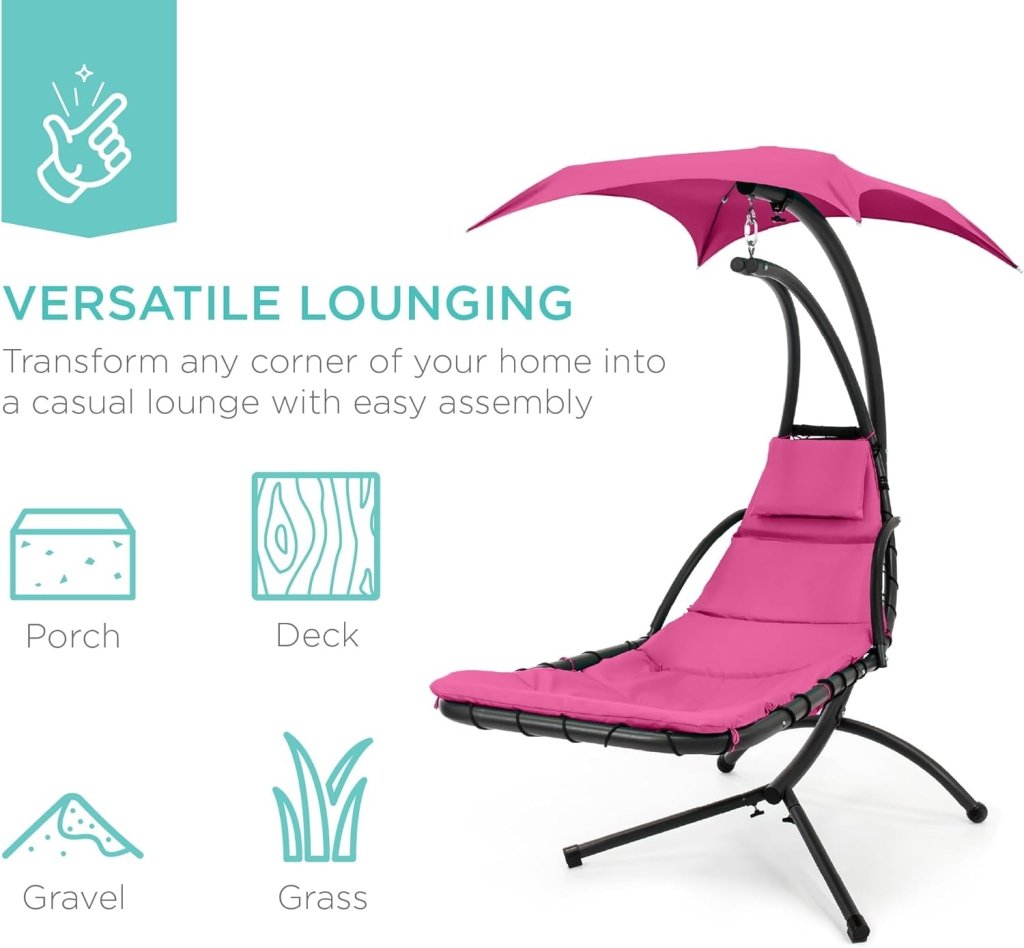Best Choice Products Outdoor Hanging Curved Steel Chaise Lounge Chair Swing w/Built - in Pillow and Removable Canopy - Charcoal Gray - Wigtrends
