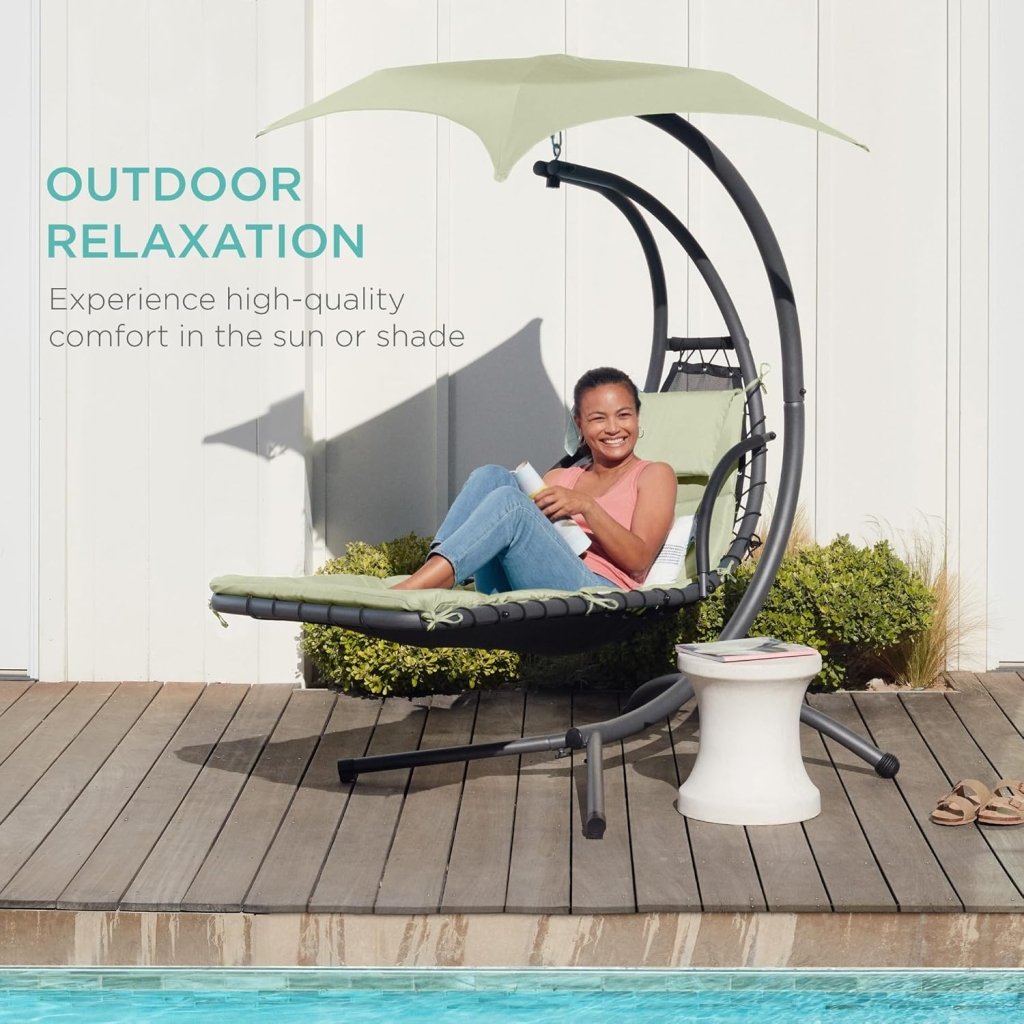 Best Choice Products Outdoor Hanging Curved Steel Chaise Lounge Chair Swing w/Built - in Pillow and Removable Canopy - Charcoal Gray - Wigtrends
