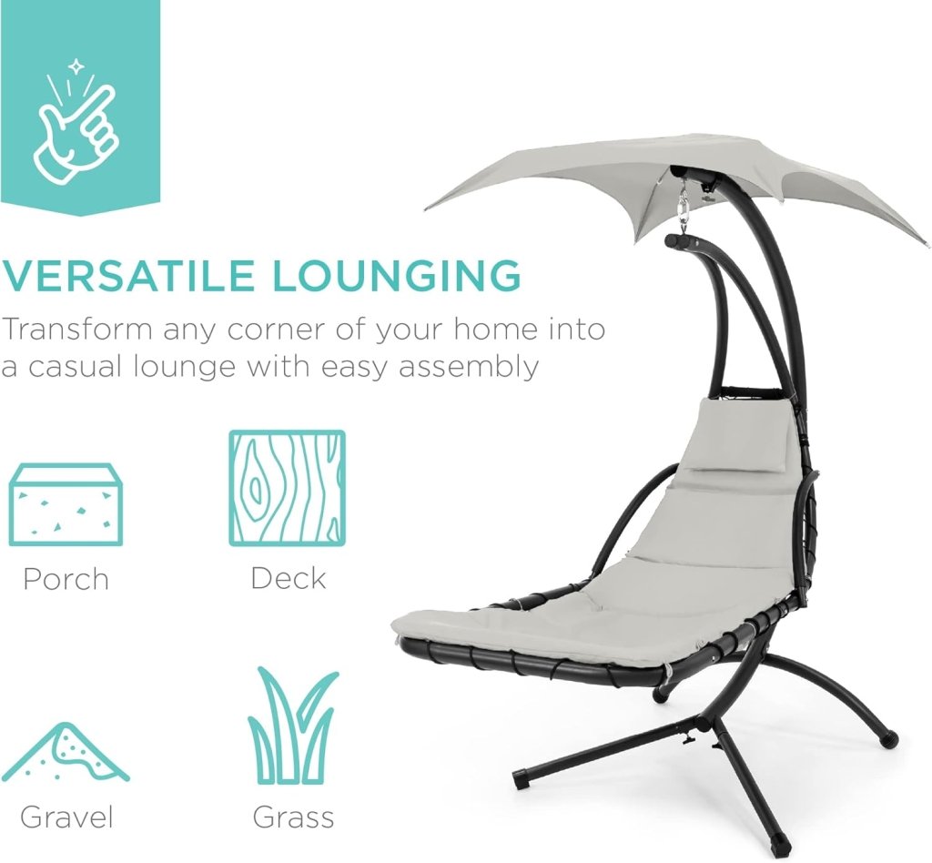 Best Choice Products Outdoor Hanging Curved Steel Chaise Lounge Chair Swing w/Built - in Pillow and Removable Canopy - Charcoal Gray - Wigtrends
