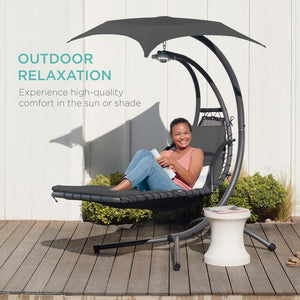 Best Choice Products Outdoor Hanging Curved Steel Chaise Lounge Chair Swing w/Built - in Pillow and Removable Canopy - Charcoal Gray - Wigtrends