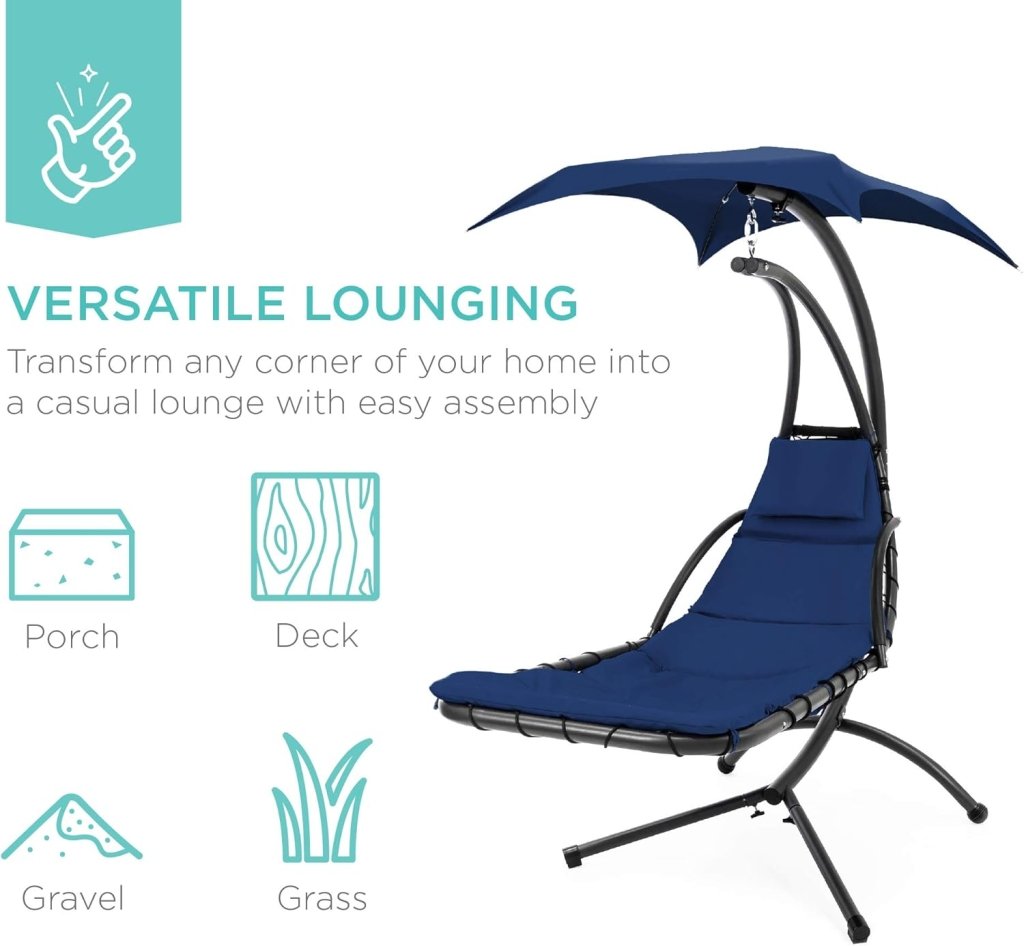 Best Choice Products Outdoor Hanging Curved Steel Chaise Lounge Chair Swing w/Built - in Pillow and Removable Canopy - Charcoal Gray - Wigtrends