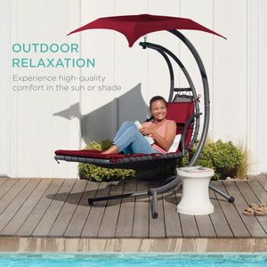 Best Choice Products Outdoor Hanging Curved Steel Chaise Lounge Chair Swing w/Built - in Pillow and Removable Canopy - Charcoal Gray - Wigtrends
