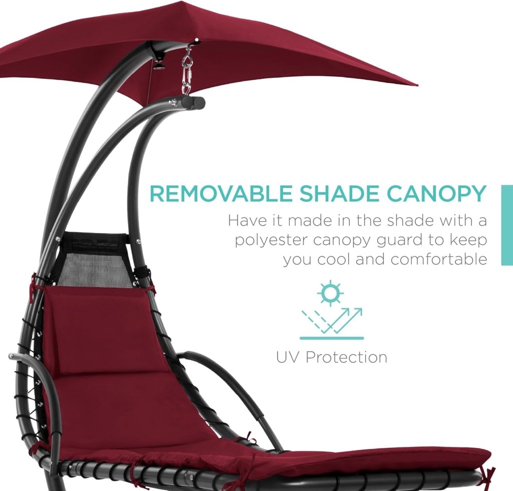 Best Choice Products Outdoor Hanging Curved Steel Chaise Lounge Chair Swing w/Built - in Pillow and Removable Canopy - Charcoal Gray - Wigtrends