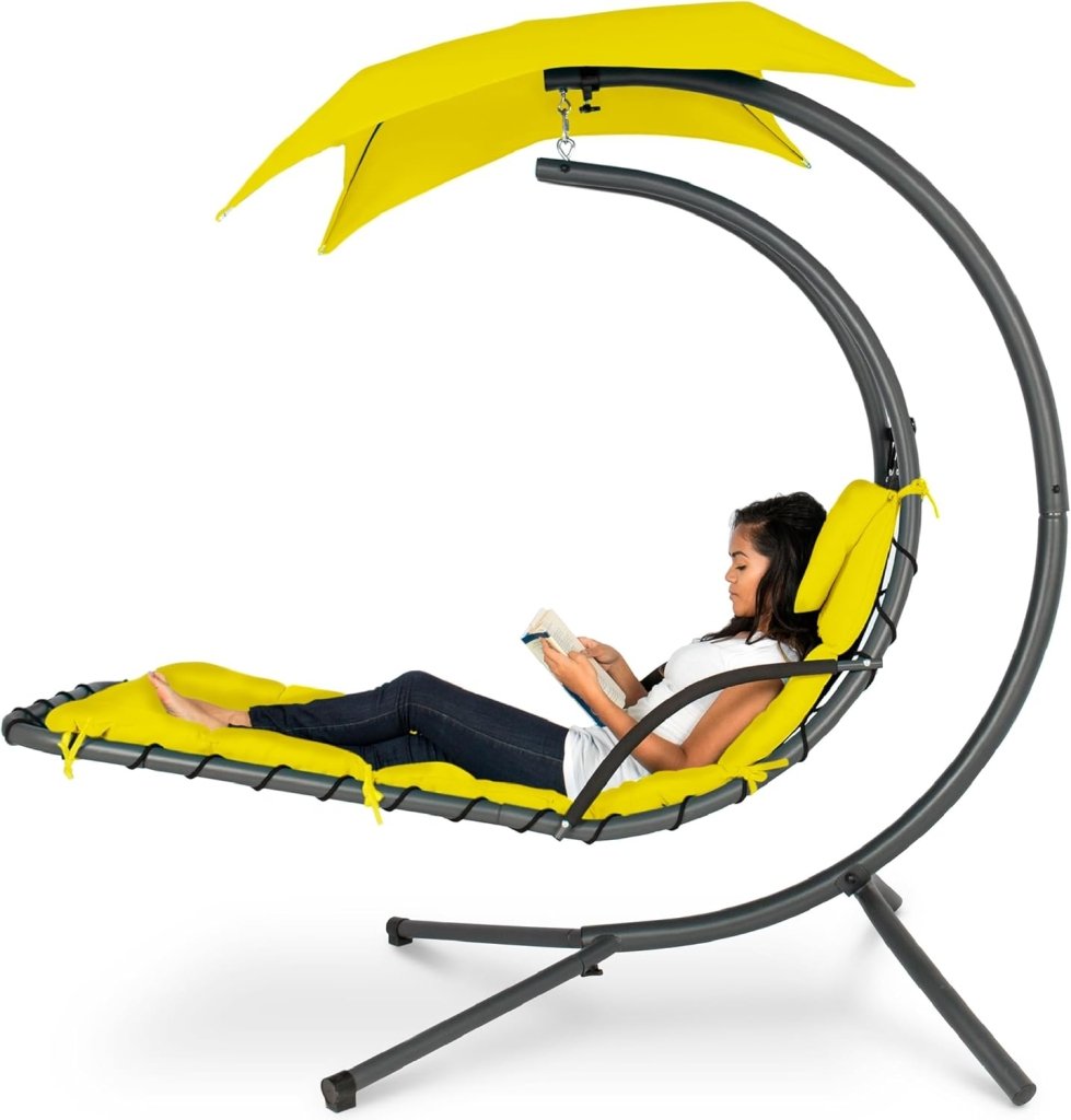 Best Choice Products Outdoor Hanging Curved Steel Chaise Lounge Chair Swing w/Built - in Pillow and Removable Canopy - Charcoal Gray - Wigtrends