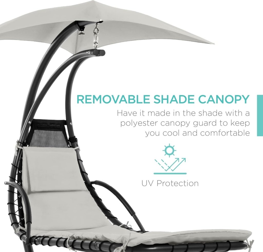 Best Choice Products Outdoor Hanging Curved Steel Chaise Lounge Chair Swing w/Built - in Pillow and Removable Canopy - Charcoal Gray - Wigtrends