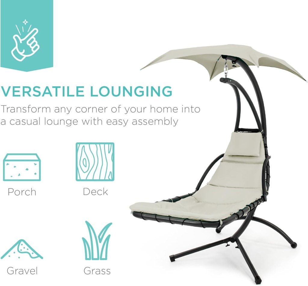 Best Choice Products Outdoor Hanging Curved Steel Chaise Lounge Chair Swing w/Built - in Pillow and Removable Canopy - Charcoal Gray - Wigtrends