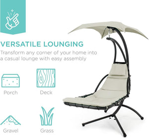 Best Choice Products Outdoor Hanging Curved Steel Chaise Lounge Chair Swing w/Built - in Pillow and Removable Canopy - Charcoal Gray - Wigtrends