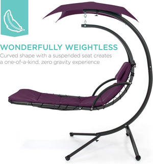Best Choice Products Outdoor Hanging Curved Steel Chaise Lounge Chair Swing w/Built - in Pillow and Removable Canopy - Charcoal Gray - Wigtrends