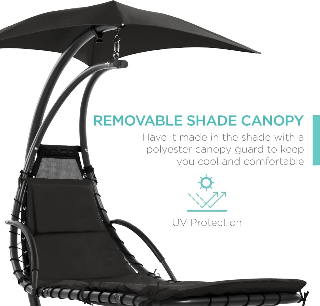 Best Choice Products Outdoor Hanging Curved Steel Chaise Lounge Chair Swing w/Built - in Pillow and Removable Canopy - Charcoal Gray - Wigtrends