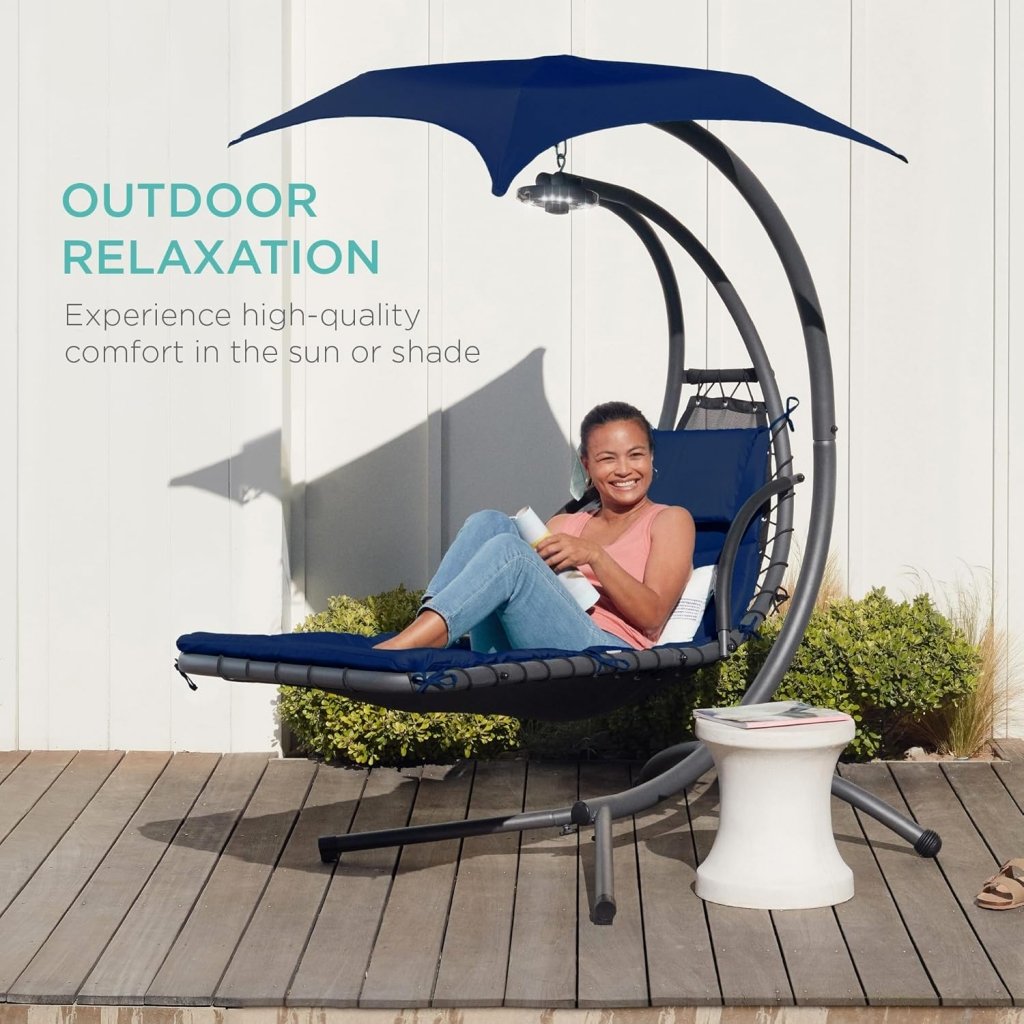 Best Choice Products Outdoor Hanging Curved Steel Chaise Lounge Chair Swing w/Built - in Pillow and Removable Canopy - Charcoal Gray - Wigtrends