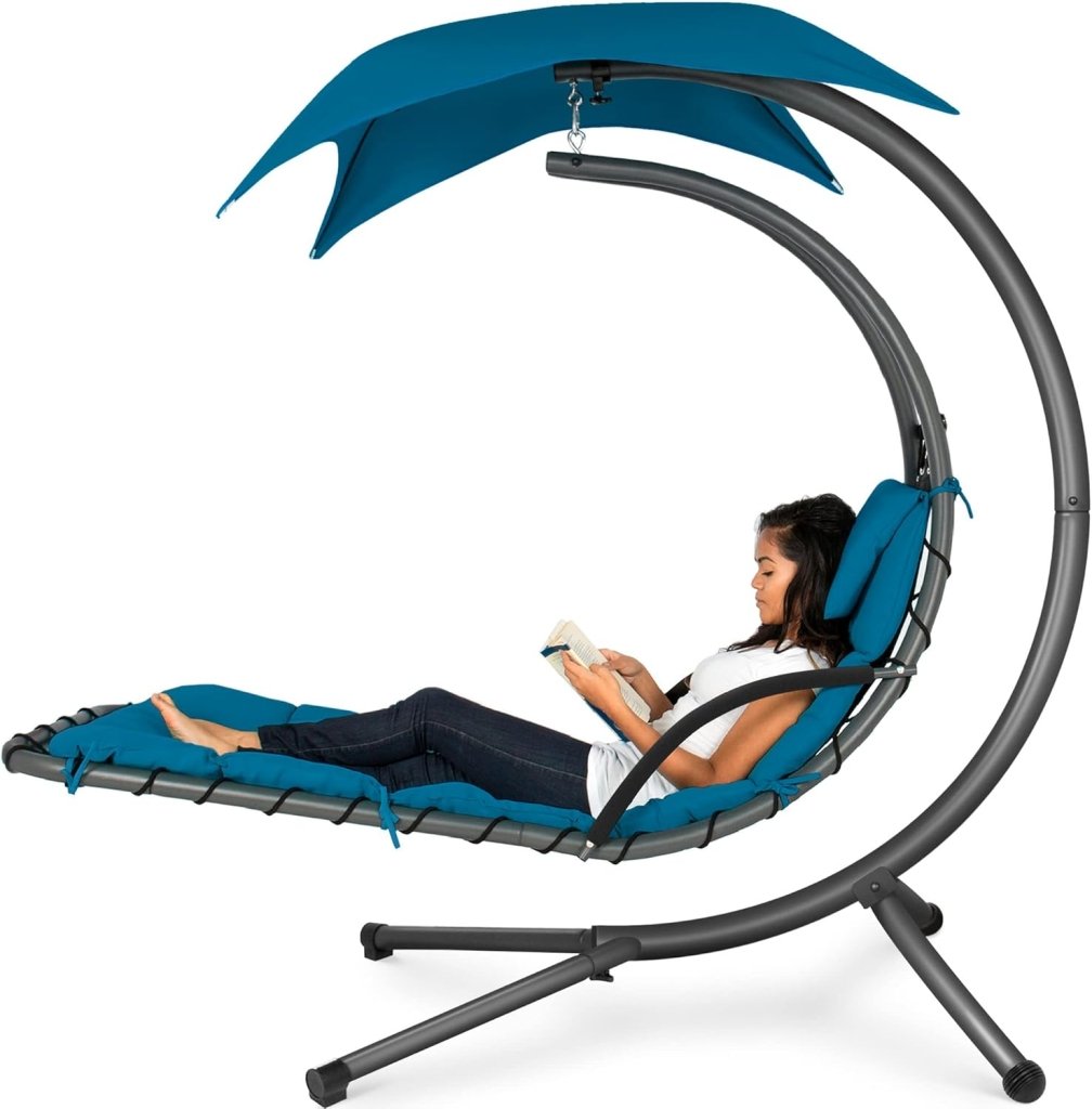 Best Choice Products Outdoor Hanging Curved Steel Chaise Lounge Chair Swing w/Built - in Pillow and Removable Canopy - Charcoal Gray - Wigtrends