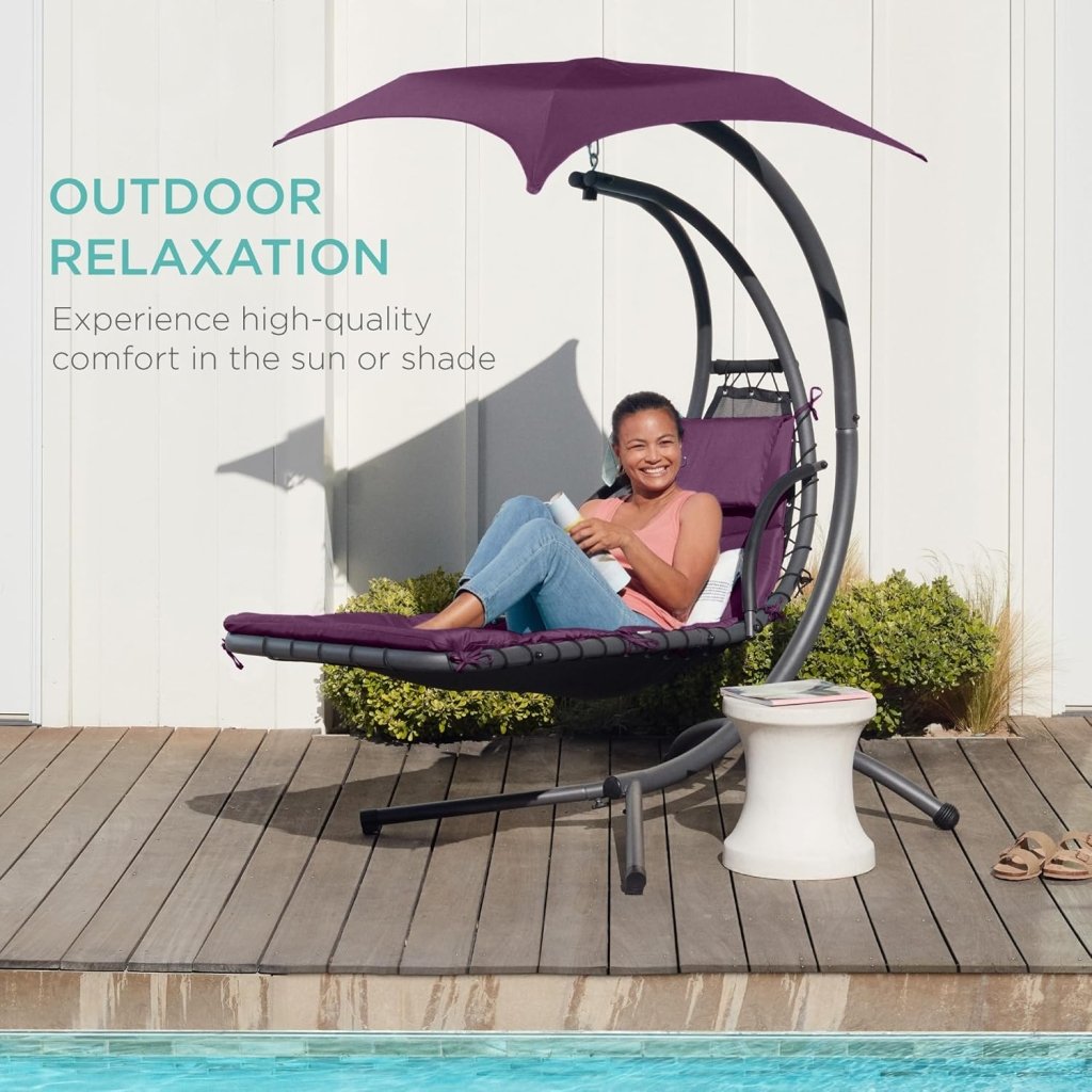 Best Choice Products Outdoor Hanging Curved Steel Chaise Lounge Chair Swing w/Built - in Pillow and Removable Canopy - Charcoal Gray - Wigtrends