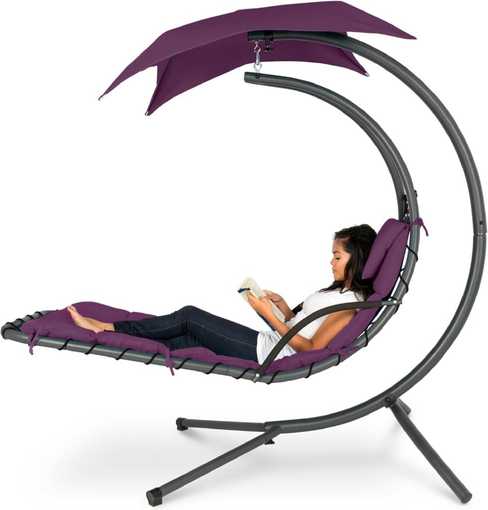 Best Choice Products Outdoor Hanging Curved Steel Chaise Lounge Chair Swing w/Built - in Pillow and Removable Canopy - Charcoal Gray - Wigtrends