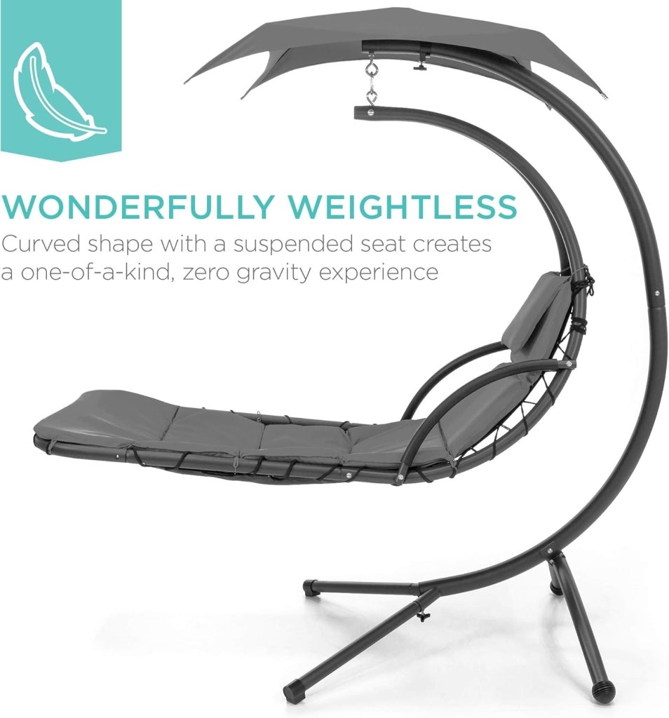 Best Choice Products Outdoor Hanging Curved Steel Chaise Lounge Chair Swing w/Built - in Pillow and Removable Canopy - Charcoal Gray - Wigtrends