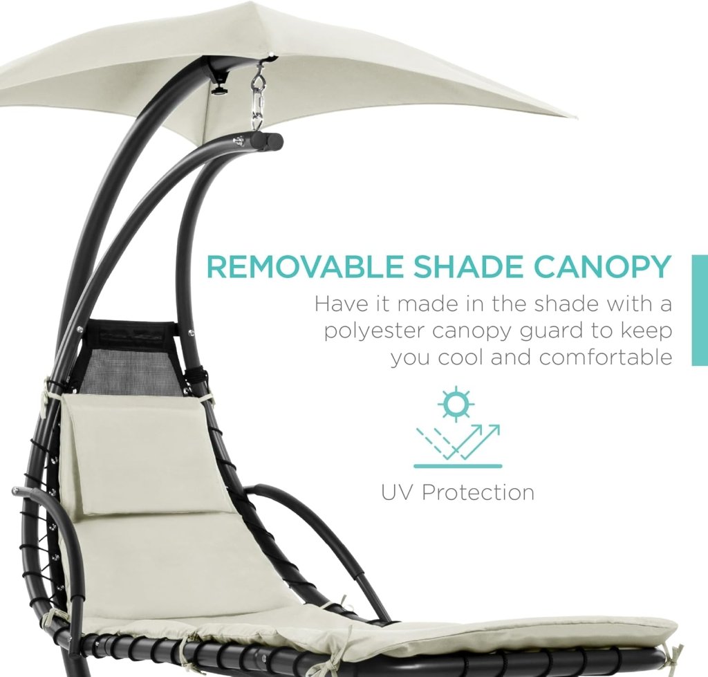 Best Choice Products Outdoor Hanging Curved Steel Chaise Lounge Chair Swing w/Built - in Pillow and Removable Canopy - Charcoal Gray - Wigtrends