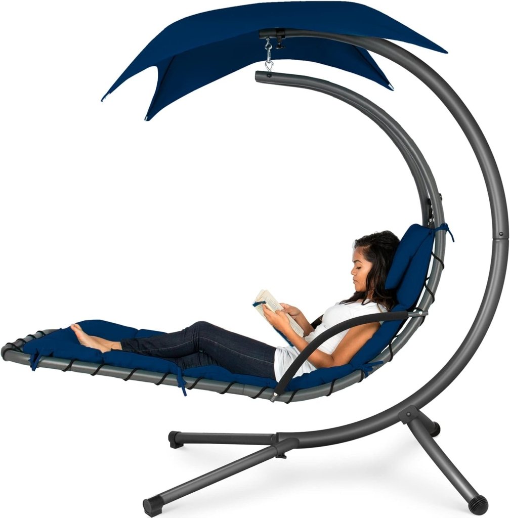 Best Choice Products Outdoor Hanging Curved Steel Chaise Lounge Chair Swing w/Built - in Pillow and Removable Canopy - Charcoal Gray - Wigtrends