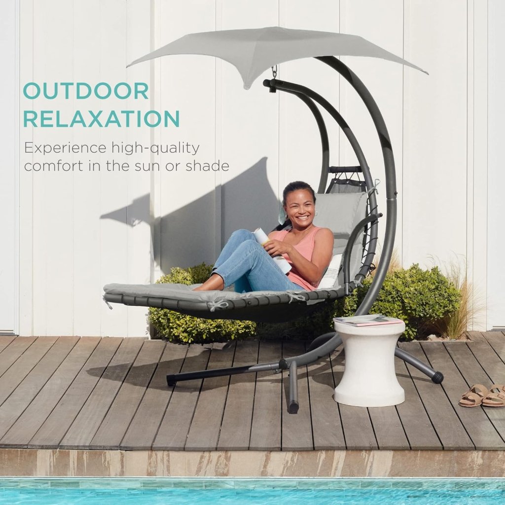 Best Choice Products Outdoor Hanging Curved Steel Chaise Lounge Chair Swing w/Built - in Pillow and Removable Canopy - Charcoal Gray - Wigtrends