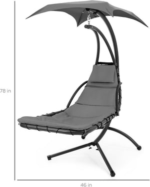 Best Choice Products Outdoor Hanging Curved Steel Chaise Lounge Chair Swing w/Built - in Pillow and Removable Canopy - Charcoal Gray - Wigtrends