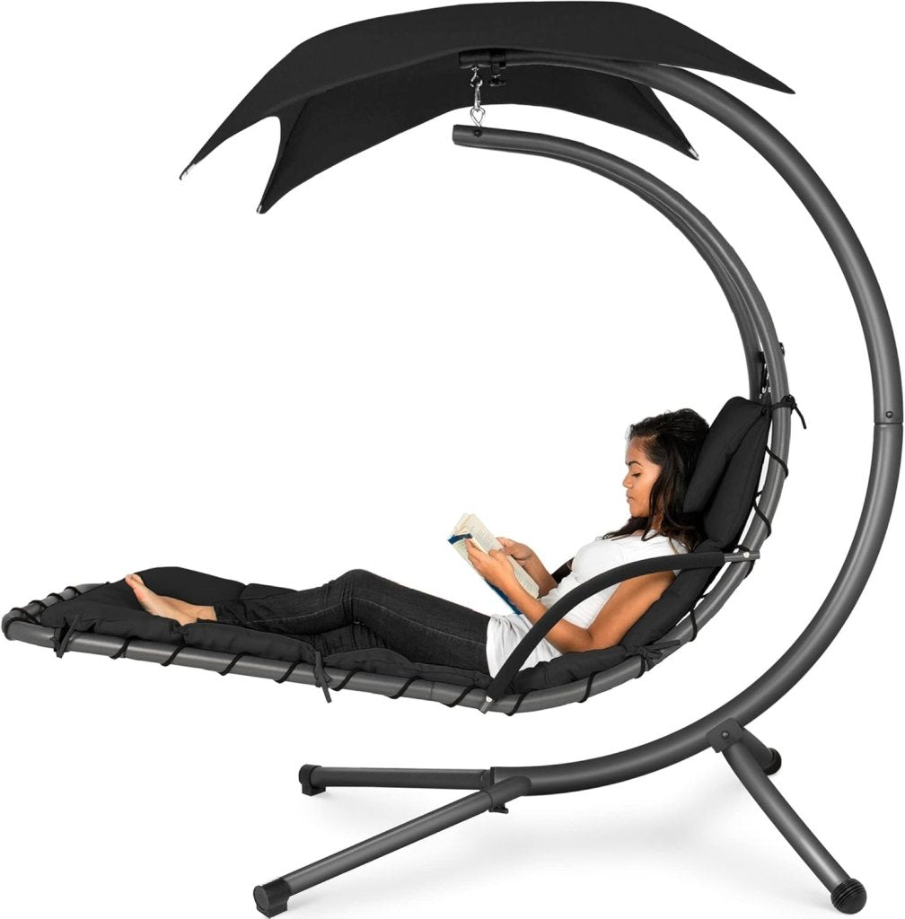 Best Choice Products Outdoor Hanging Curved Steel Chaise Lounge Chair Swing w/Built - in Pillow and Removable Canopy - Charcoal Gray - Wigtrends