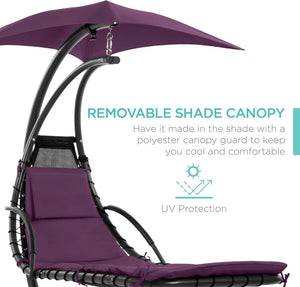 Best Choice Products Outdoor Hanging Curved Steel Chaise Lounge Chair Swing w/Built - in Pillow and Removable Canopy - Charcoal Gray - Wigtrends