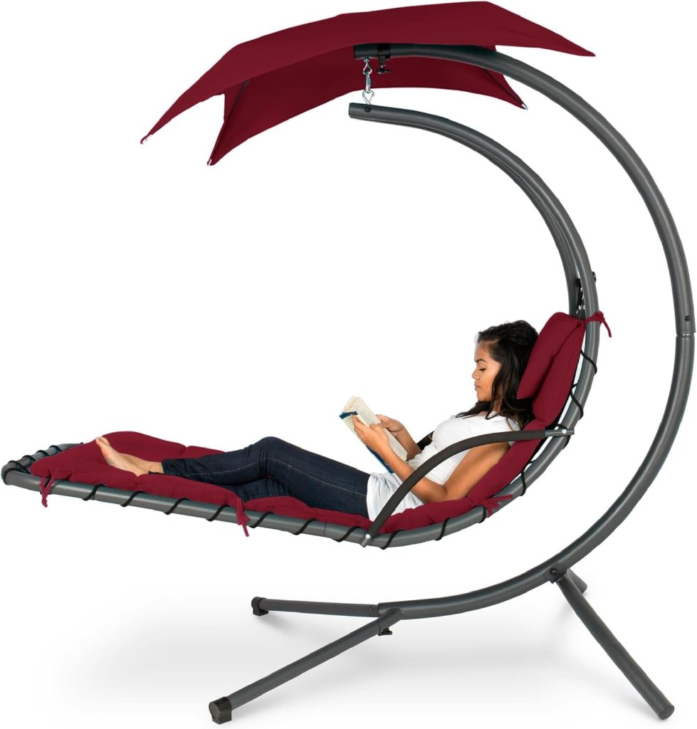 Best Choice Products Outdoor Hanging Curved Steel Chaise Lounge Chair Swing w/Built - in Pillow and Removable Canopy - Teal - Wigtrends