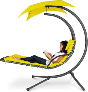 Best Choice Products Outdoor Hanging Curved Steel Chaise Lounge Chair Swing w/Built - in Pillow and Removable Canopy - Teal - Wigtrends