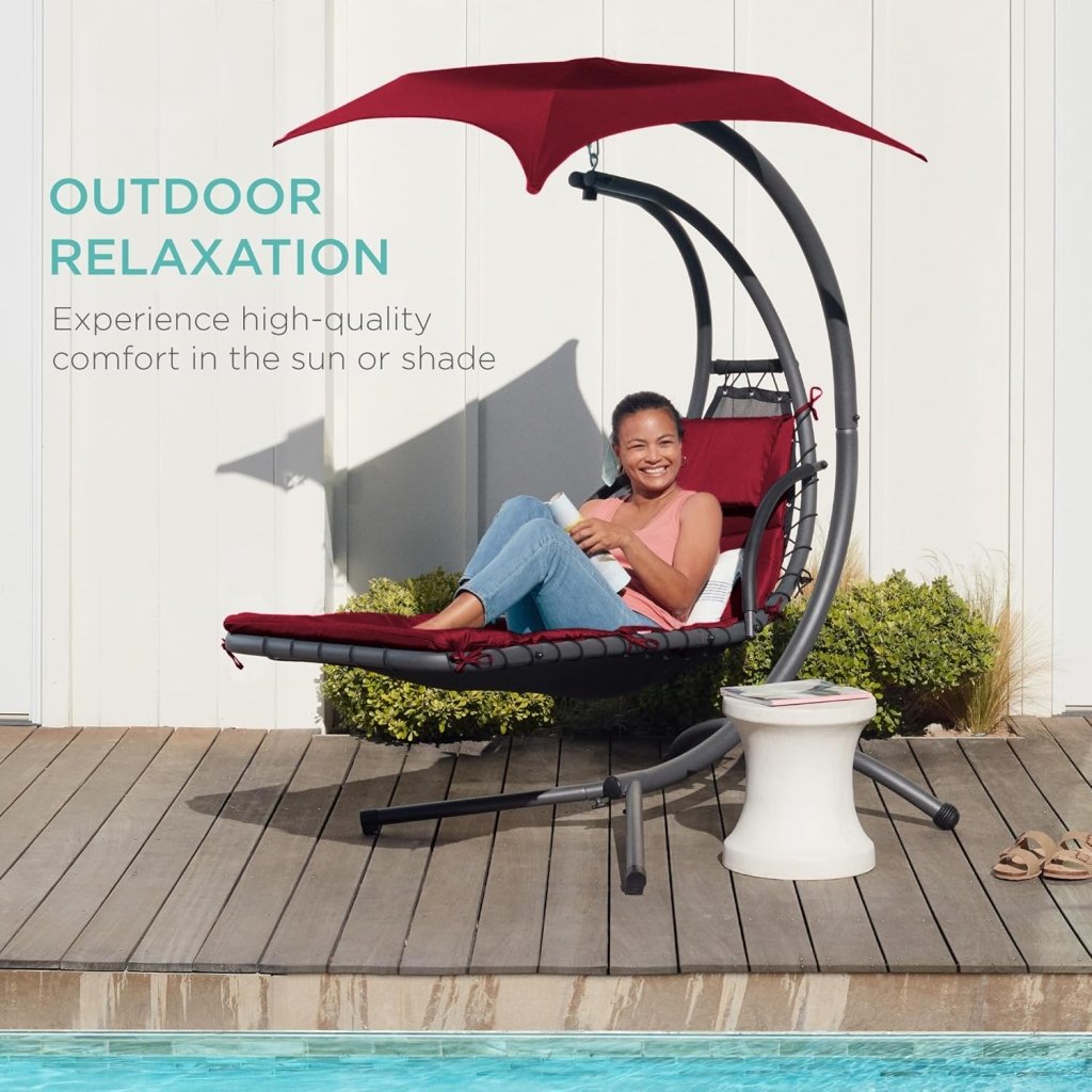 Best Choice Products Outdoor Hanging Curved Steel Chaise Lounge Chair Swing w/Built - in Pillow and Removable Canopy - Teal - Wigtrends