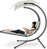 Best Choice Products Outdoor Hanging Curved Steel Chaise Lounge Chair Swing w/Built - in Pillow and Removable Canopy - Teal - Wigtrends