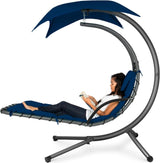 Best Choice Products Outdoor Hanging Curved Steel Chaise Lounge Chair Swing w/Built - in Pillow and Removable Canopy - Teal - Wigtrends
