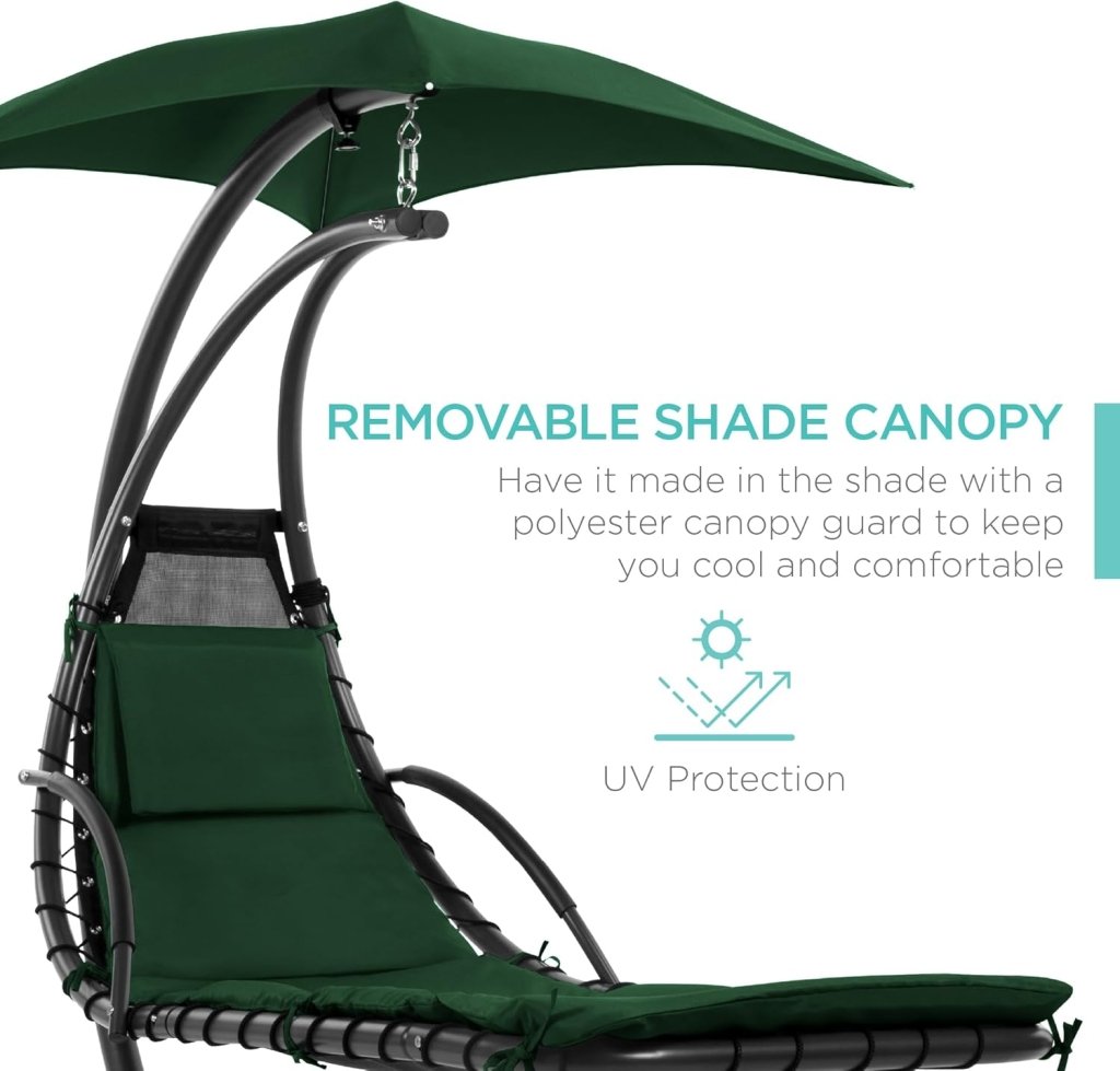 Best Choice Products Outdoor Hanging Curved Steel Chaise Lounge Chair Swing w/Built - in Pillow and Removable Canopy - Teal - Wigtrends