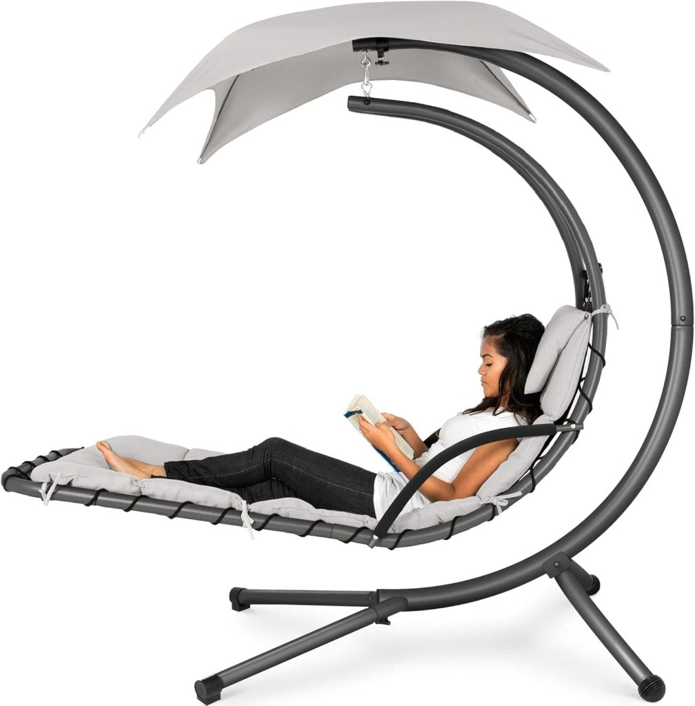 Best Choice Products Outdoor Hanging Curved Steel Chaise Lounge Chair Swing w/Built - in Pillow and Removable Canopy - Teal - Wigtrends