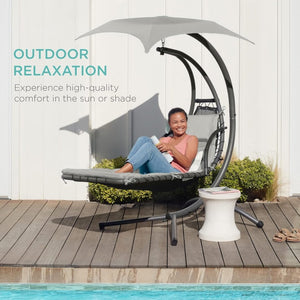 Best Choice Products Outdoor Hanging Curved Steel Chaise Lounge Chair Swing w/Built - in Pillow and Removable Canopy - Teal - Wigtrends