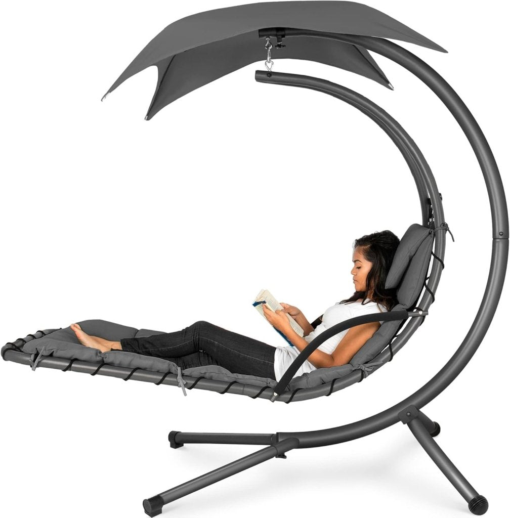 Best Choice Products Outdoor Hanging Curved Steel Chaise Lounge Chair Swing w/Built - in Pillow and Removable Canopy - Teal - Wigtrends