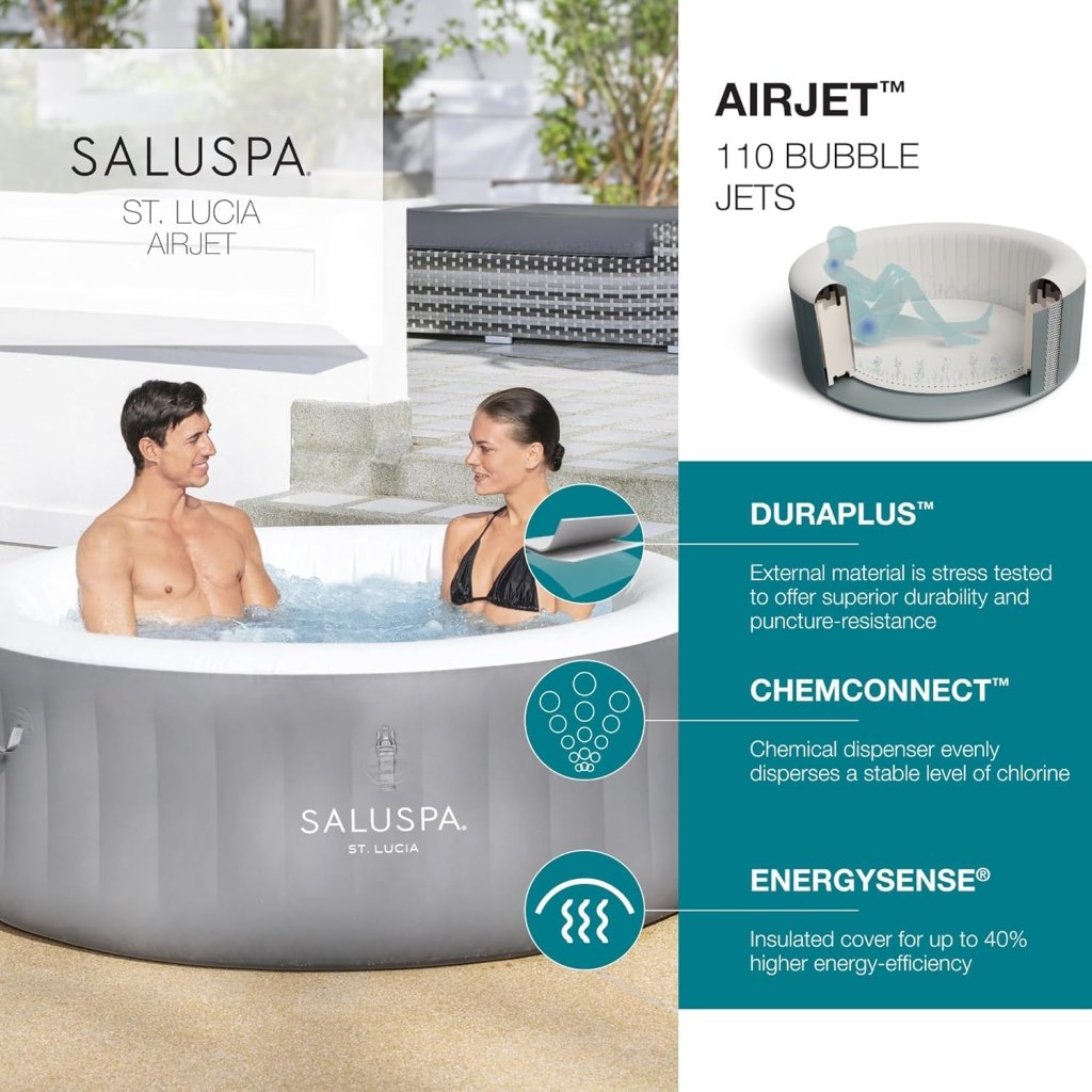 Bestway SaluSpa Miami EnergySense AirJet Inflatable Hot Tub Spa (71" x 26") | Portable Hot Tub with 2 Covers (1 Energy - Efficient Thermal Cover and 1 Standard Cover) | Fits Up to 2 - 4 Persons | Black - Wigtrends